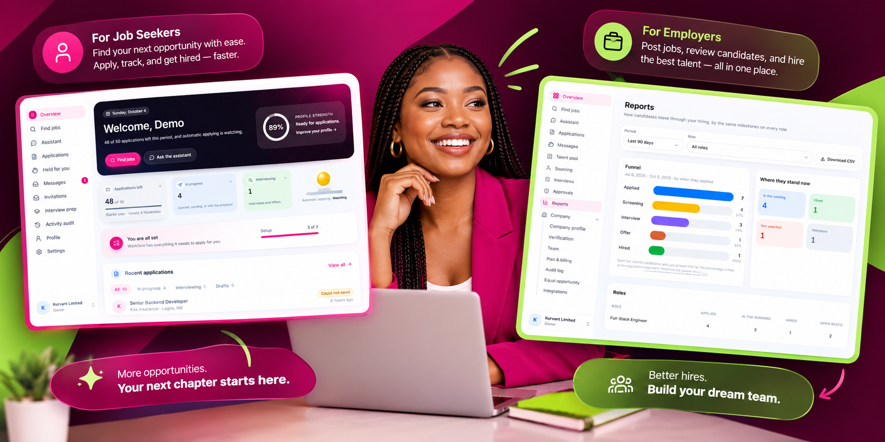 Workfave for job seekers — find your next opportunity, apply and track it — beside Workfave for employers — post jobs, review candidates and hire, all in one place.